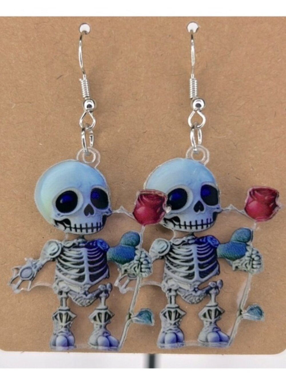 Whimsical Cartoon Floral Skeleton With Red Rose Dangle Earrings Fashion Jewelry